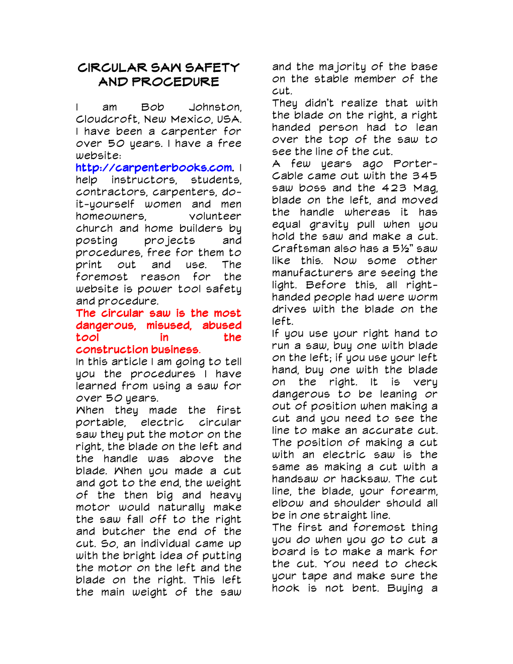 Circular Saw Safety and Procedure