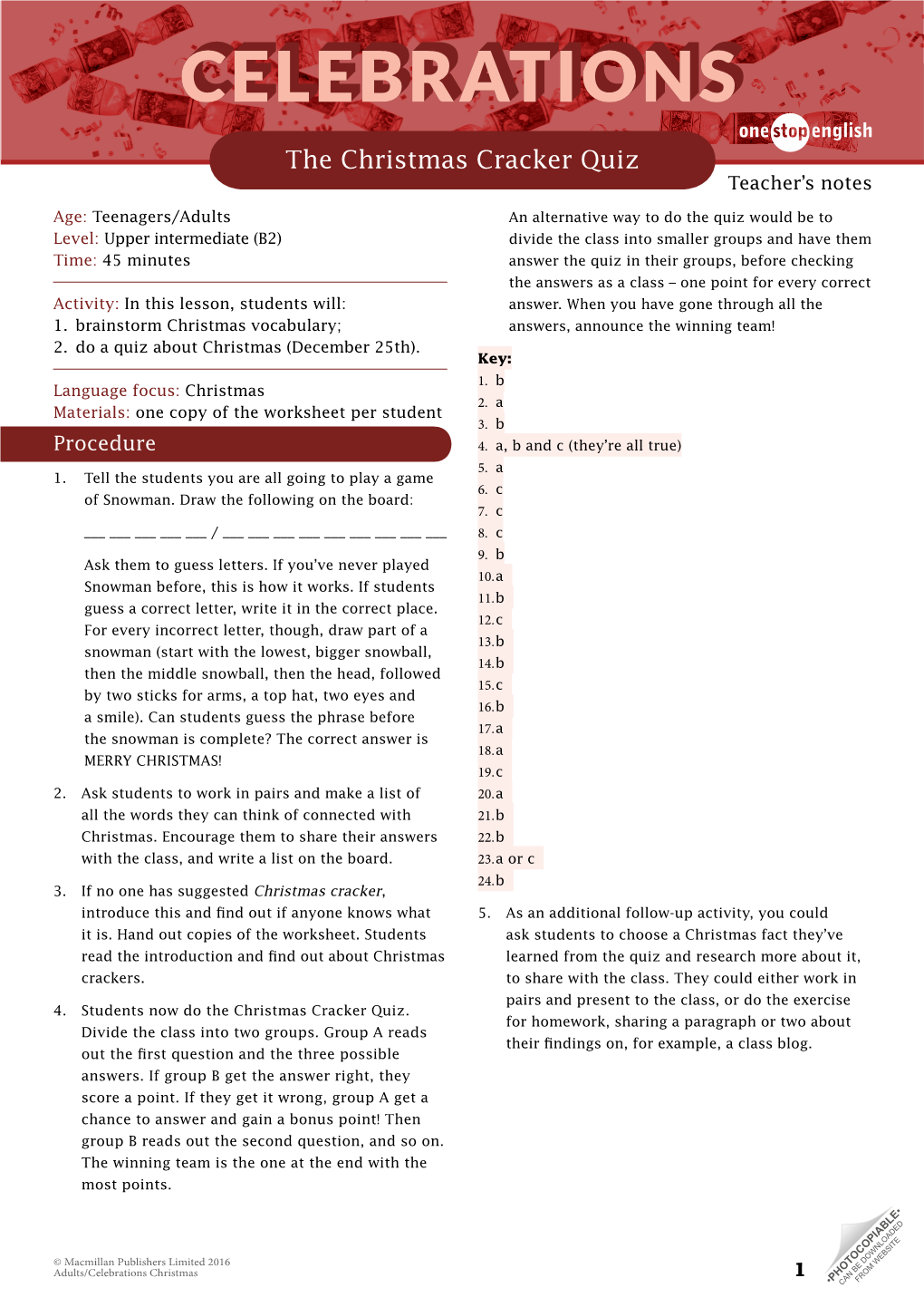 The Christmas Cracker Quiz Teacher’S Notes