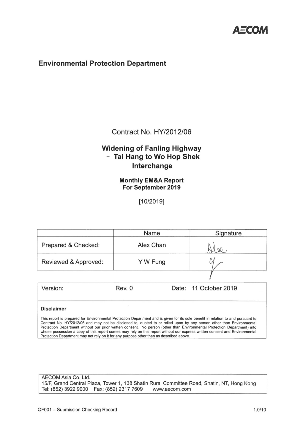 Documents the Findings of EM&A Works Conducted in the Period Between 1 and 31 October 2019