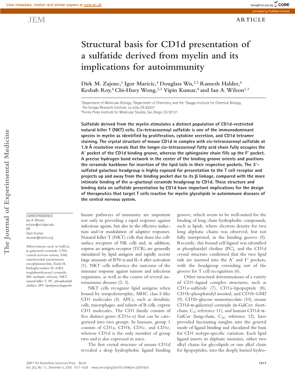 Structural Basis for Cd1d Presentation of a Sulfatide Derived From