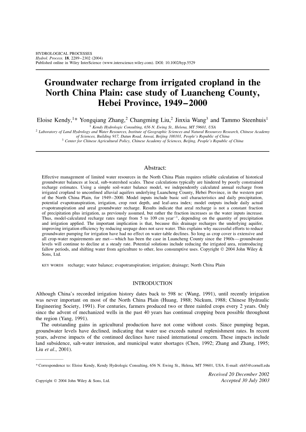 Groundwater Recharge from Irrigated Cropland in the North China Plain: Case Study of Luancheng County, Hebei Province, 1949–2000