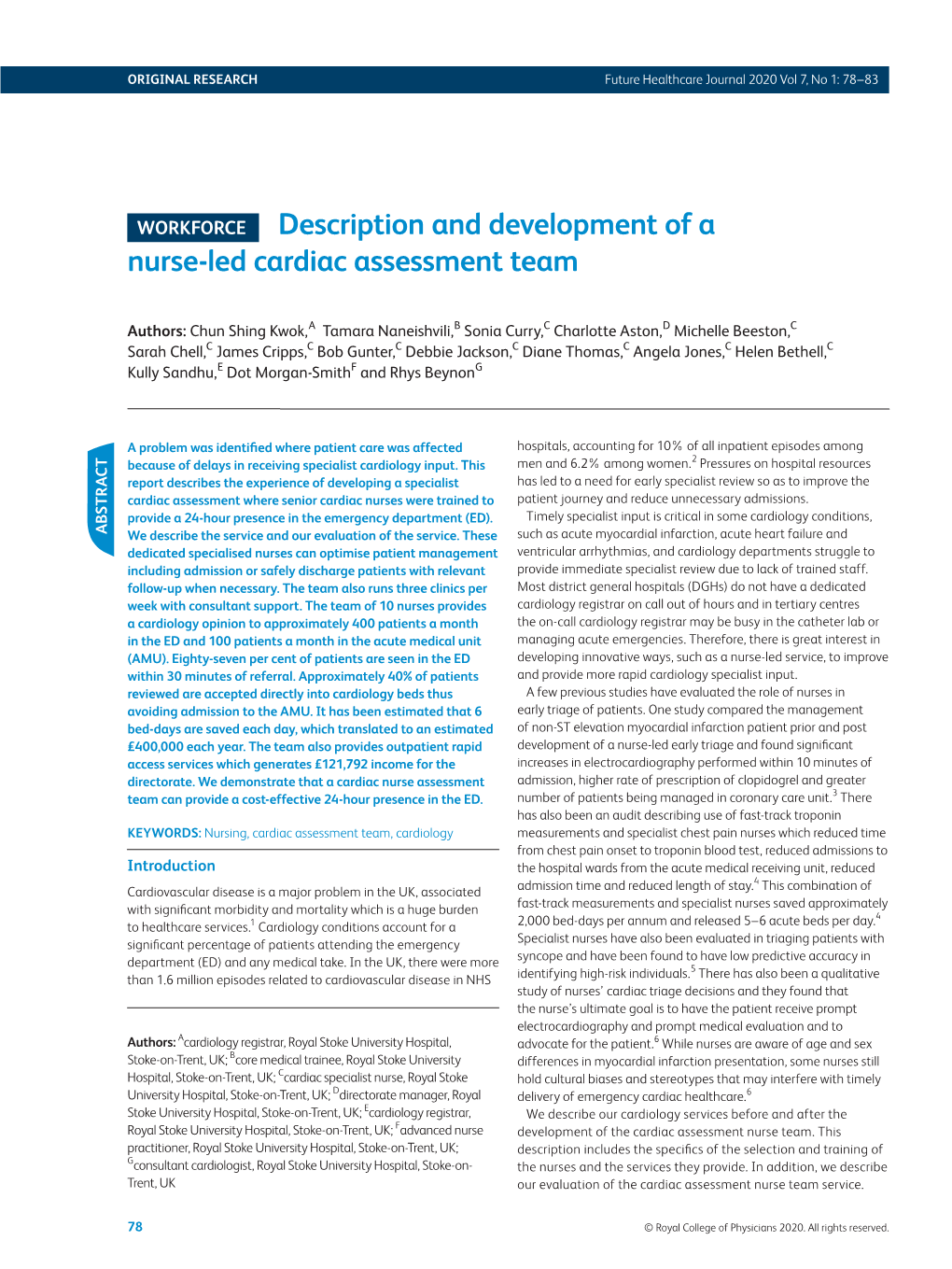 Description and Development of a Nurse-Led Cardiac Assessment Team