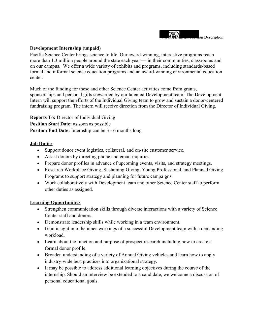 Volunteer Intern Position Description