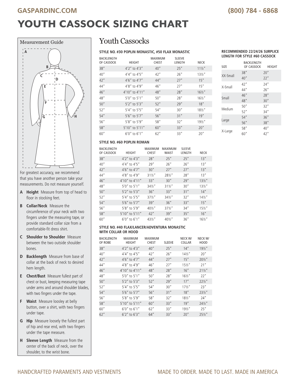 Youth Cassock Sizing Chart