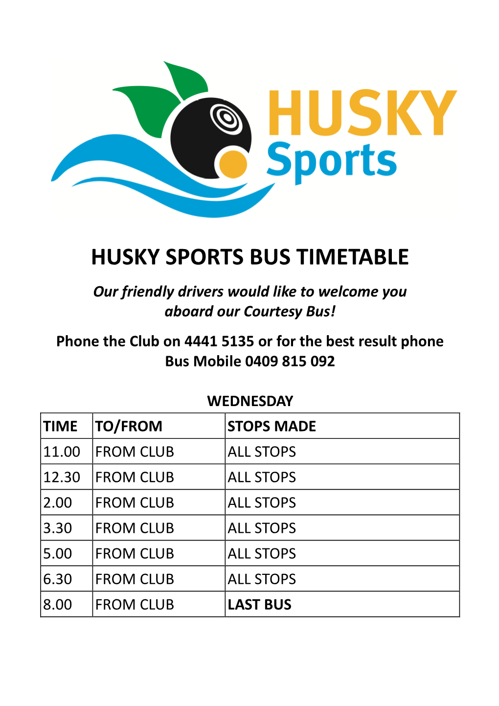 Husky Sports Bus Timetable