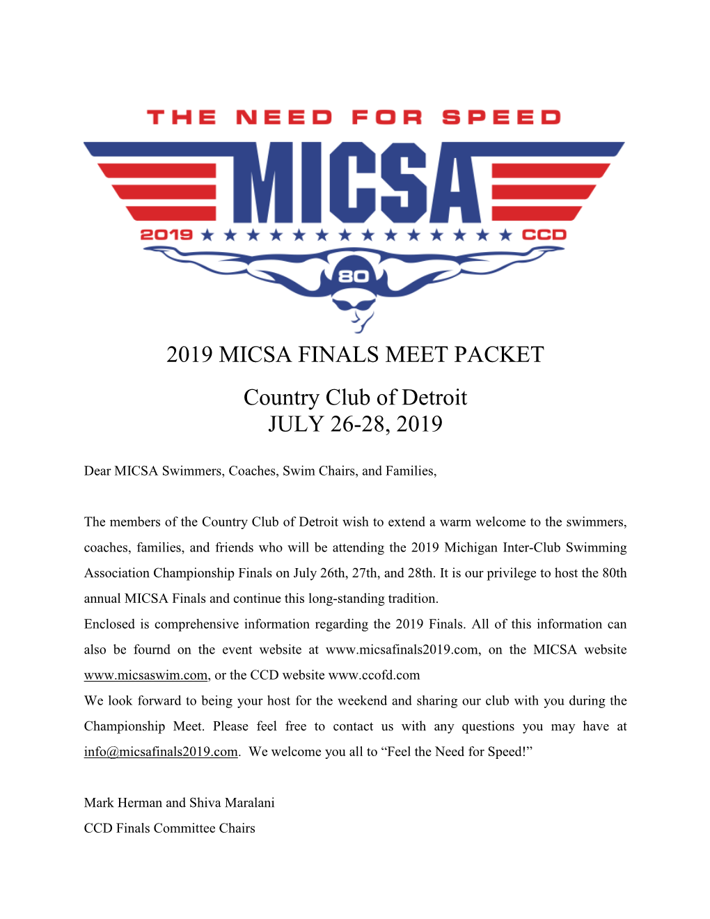 2019 MICSA FINALS MEET PACKET Country Club of Detroit JULY 26-28