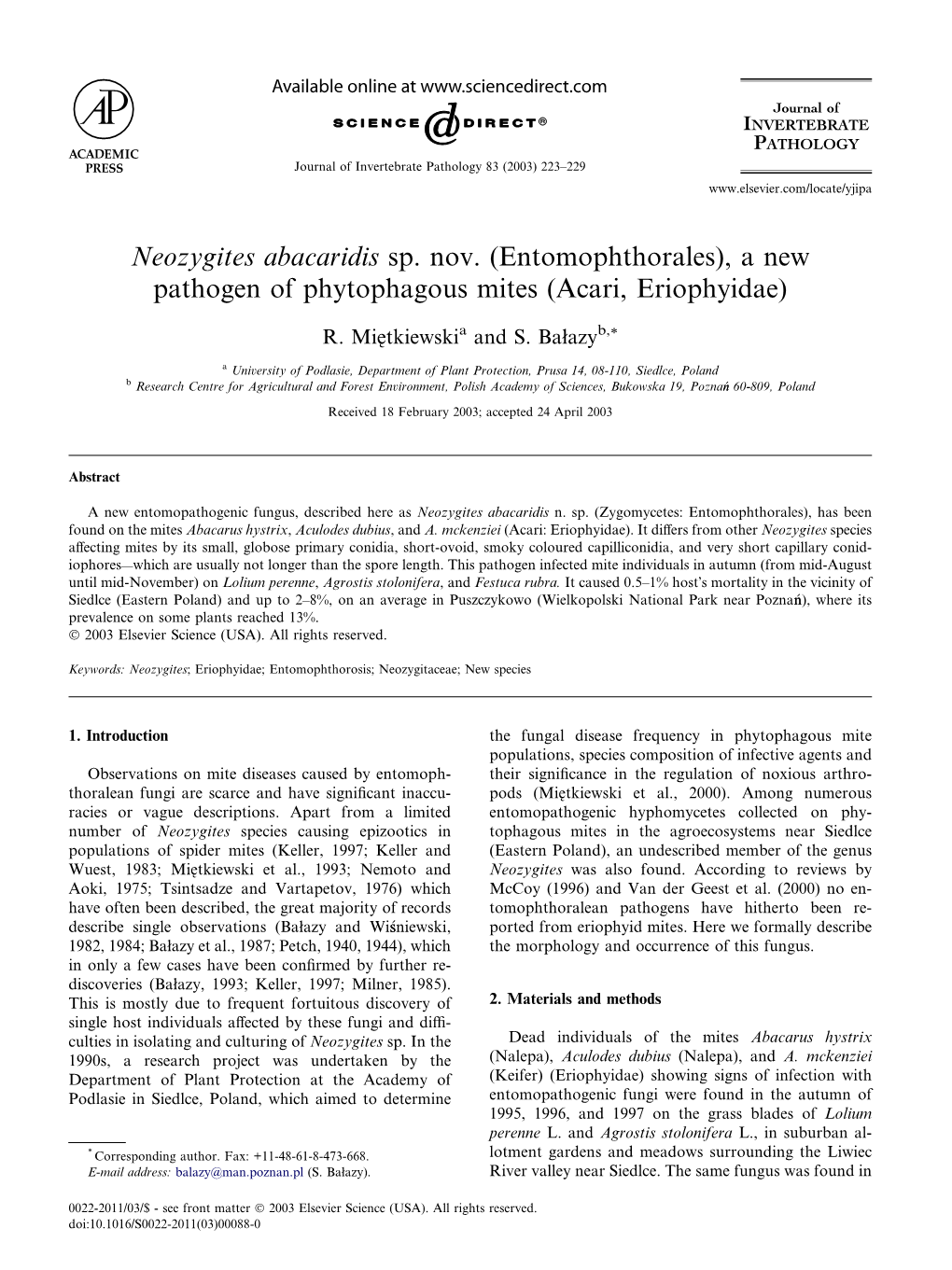Neozygites Abacaridis Sp. Nov. (Entomophthorales), a New Pathogen of Phytophagous Mites (Acari, Eriophyidae)