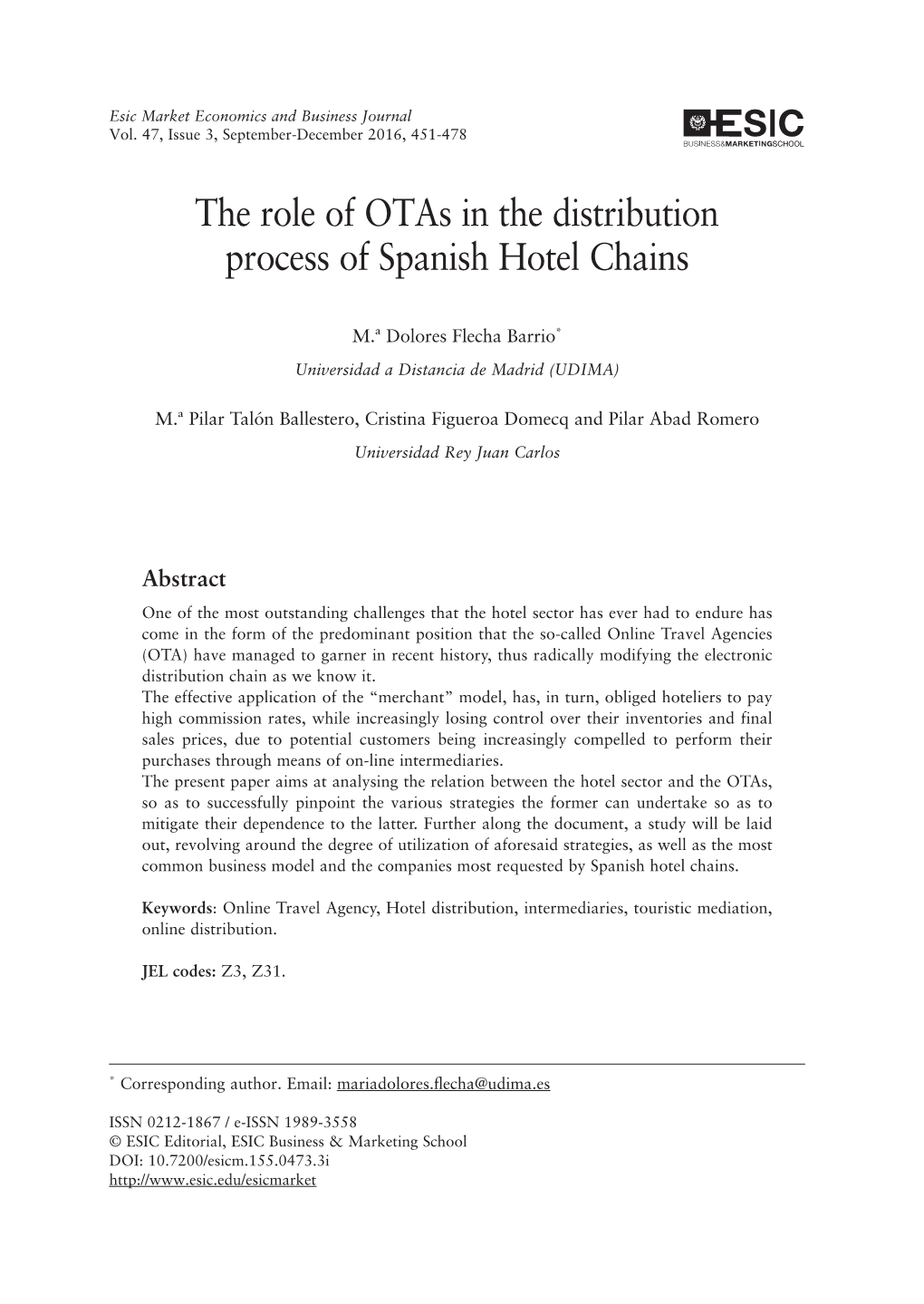The Role of Otas in the Distribution Process of Spanish Hotel Chains