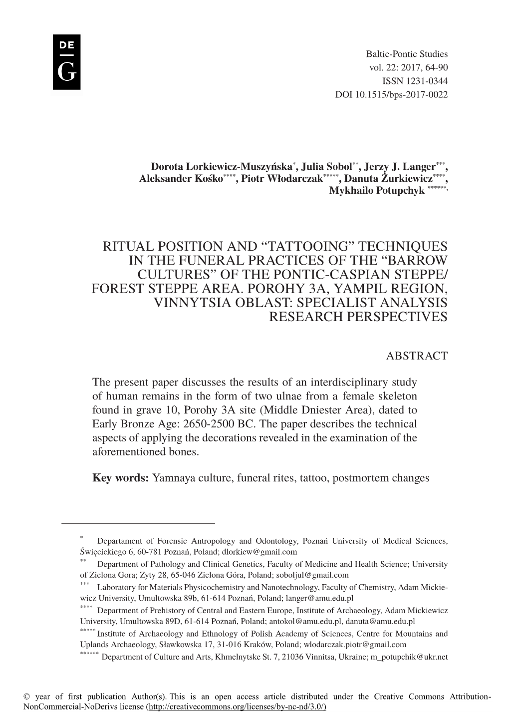 Tattooing” Techniques in the Funeral Practices of the “Barrow Cultures” of the Pontic-Caspian Steppe/ Forest Steppe Area