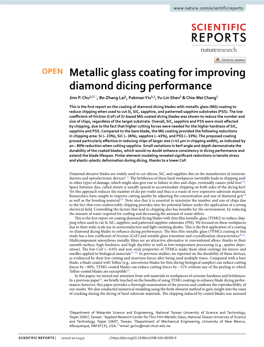 Metallic Glass Coating for Improving Diamond Dicing Performance Jinn P