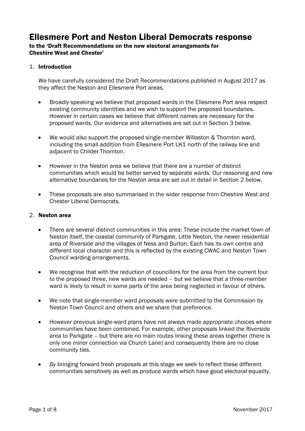 Ellesmere Port and Neston Liberal Democrats Response to the ‘Draft Recommendations on the New Electoral Arrangements for Cheshire West and Chester’