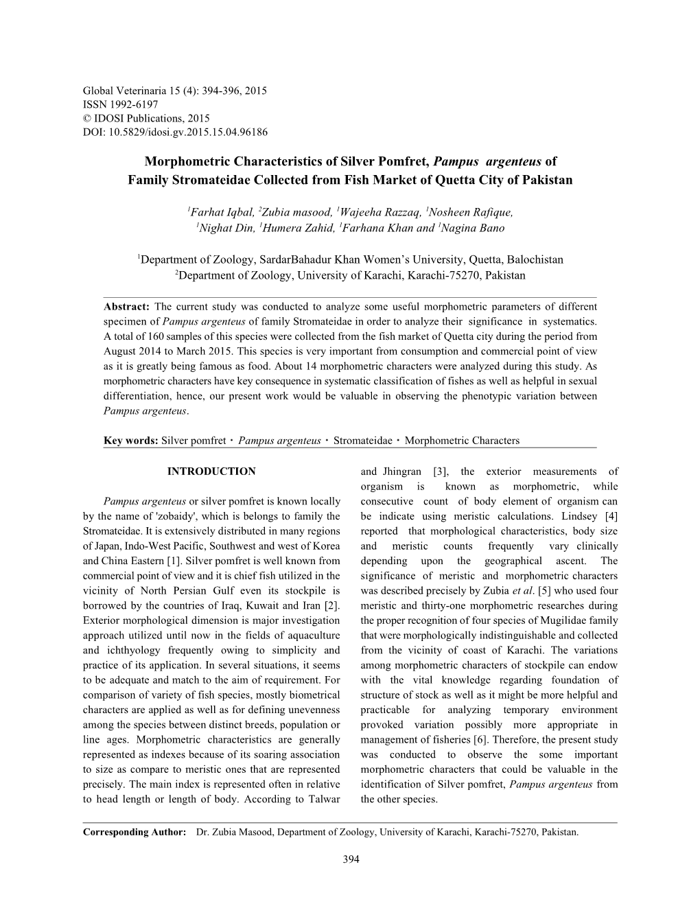 Morphometric Characteristics of Silver Pomfret, Pampus Argenteus of Family Stromateidae Collected from Fish Market of Quetta City of Pakistan