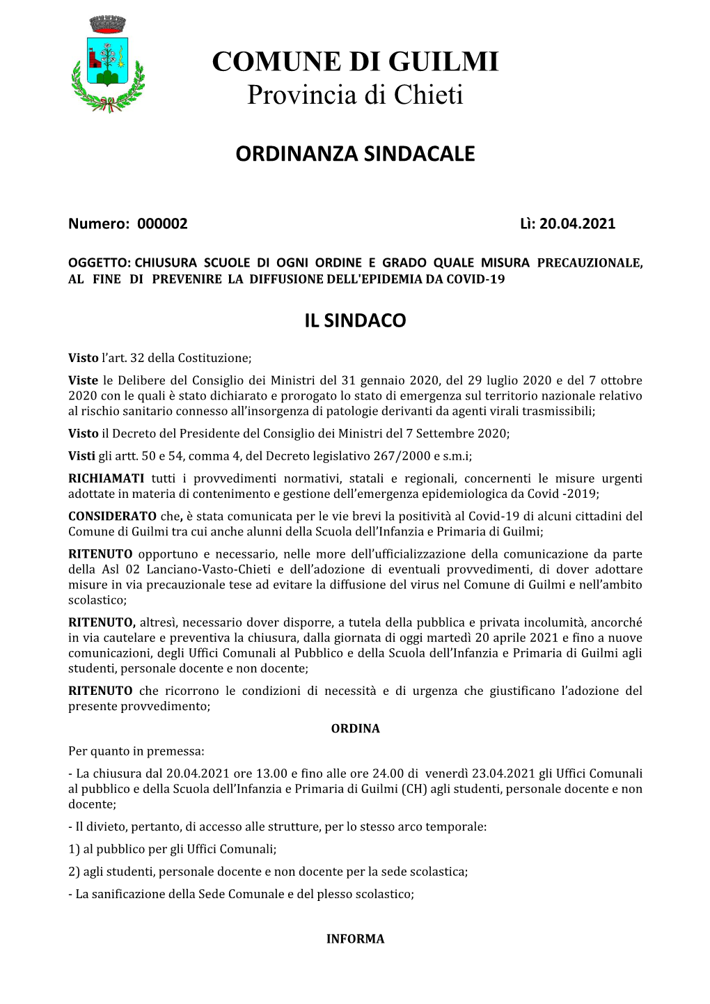 COMUNE DI GUILMI Provincia Di Chieti