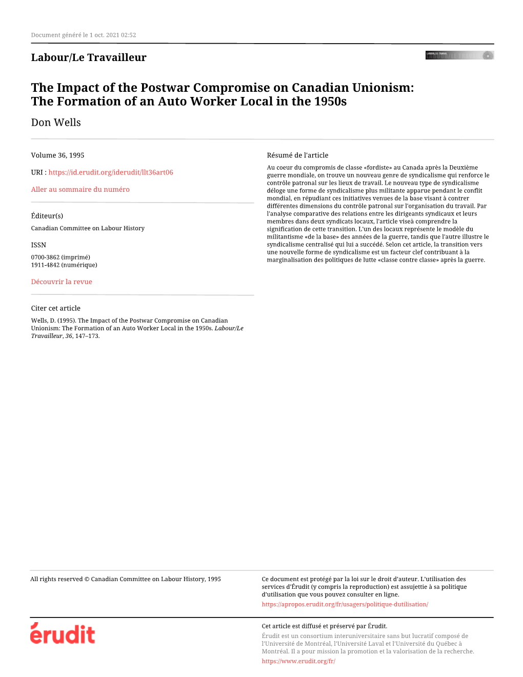 The Impact of the Postwar Compromise on Canadian Unionism: the Formation of an Auto Worker Local in the 1950S Don Wells