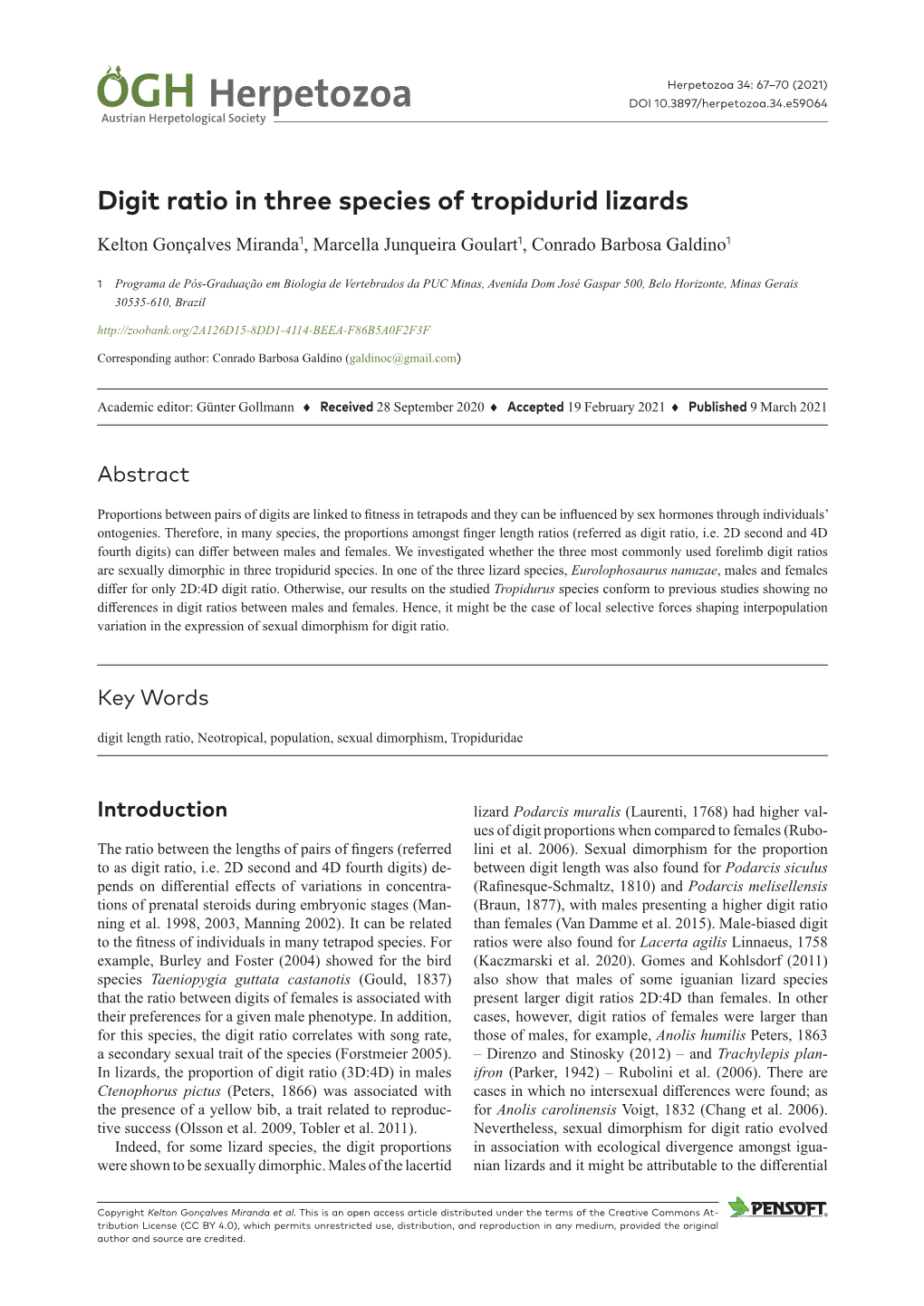 ﻿Digit Ratio in Three Species of Tropidurid Lizards