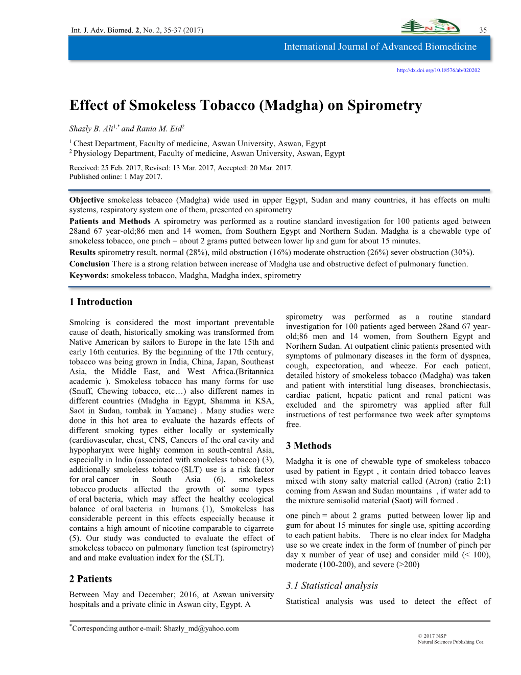 Effect of Smokeless Tobacco -.:: Natural Sciences Publishing