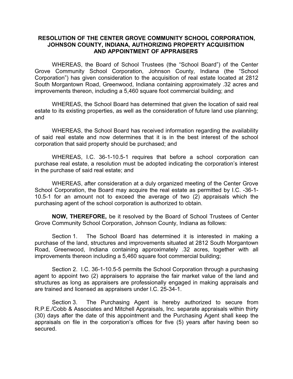 Resolution of the Center Grove Community School Corporation