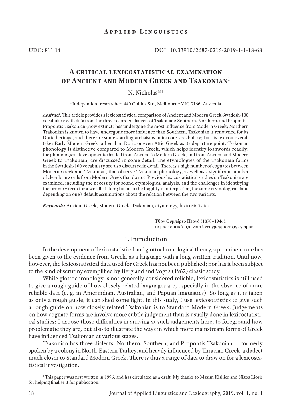 A Critical Lexicostatistical Examination of Ancient and Modern Greek and Tsakonian1 N