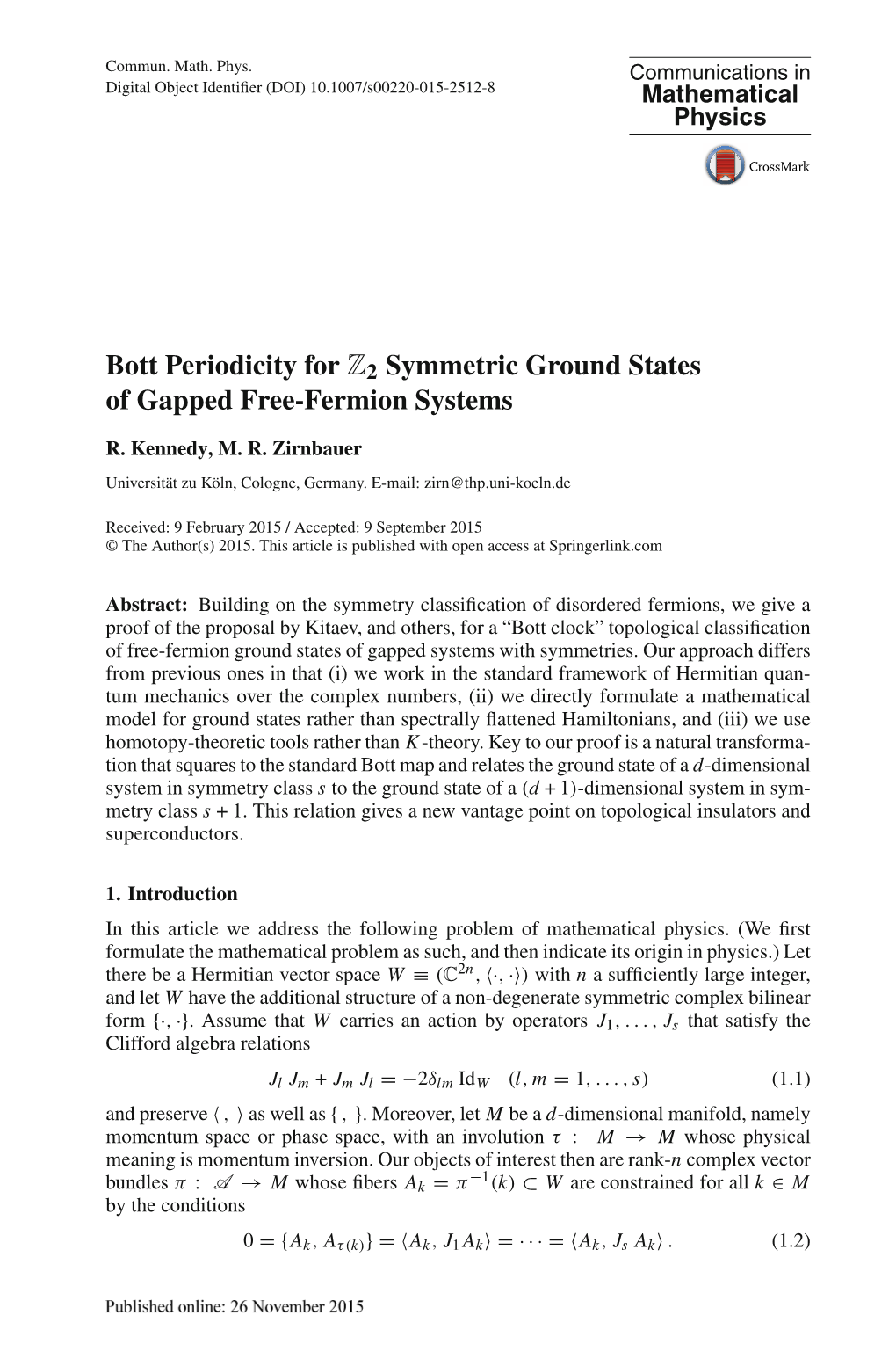 Bott Periodicity for Z2 Symmetric Ground States of Gapped Free-Fermion Systems