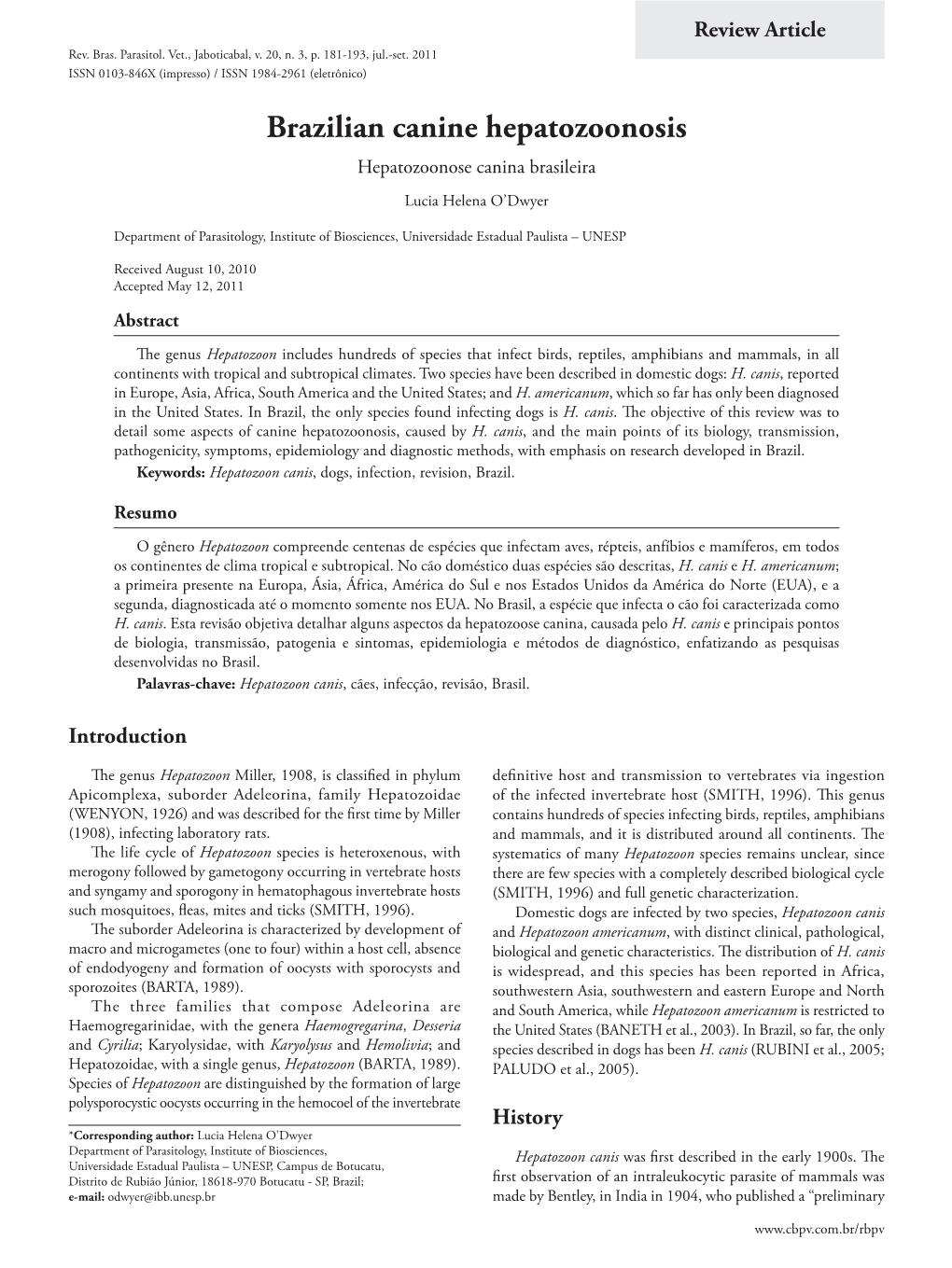 Brazilian Canine Hepatozoonosis Hepatozoonose Canina Brasileira Lucia Helena O’Dwyer