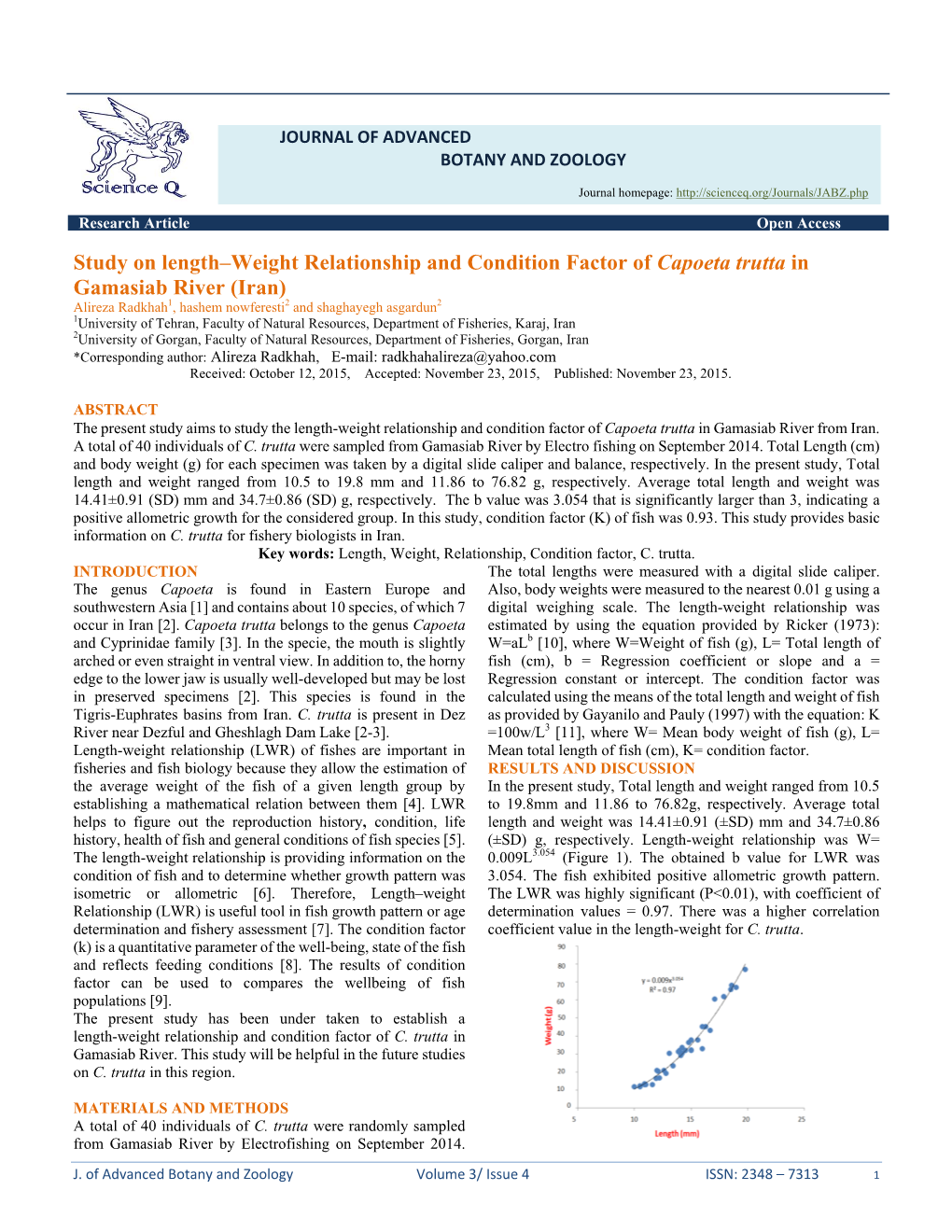 Study on Length–Weight Relationship and Condition Factor of Capoeta Trutta in Gamasiab River (Iran)