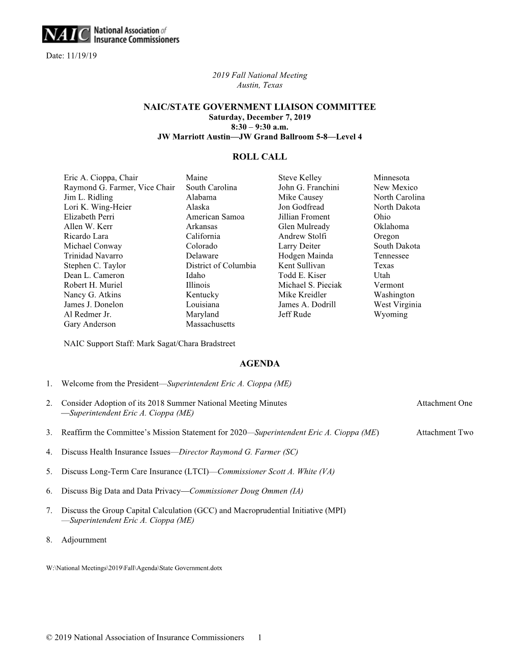 Naic/State Government Liaison Committee Roll Call Agenda