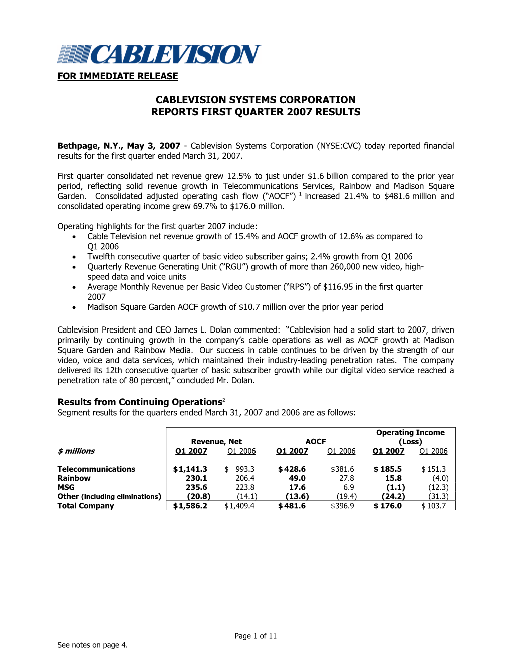 Cablevision Systems Corporation Reports First Quarter 2007 Results