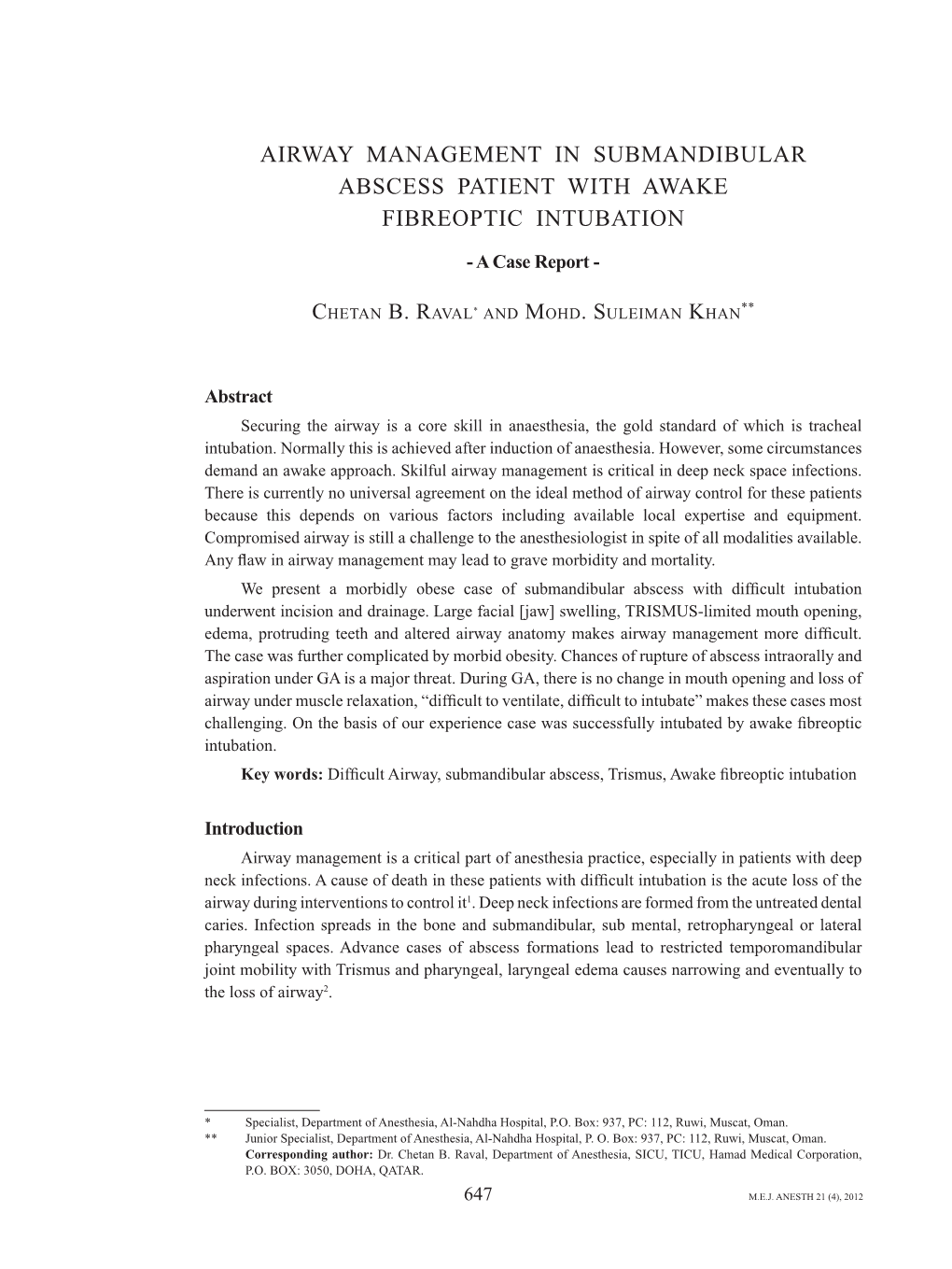 Airway Management in Submandibular Abscess Patient with Awake Fibreoptic Intubation