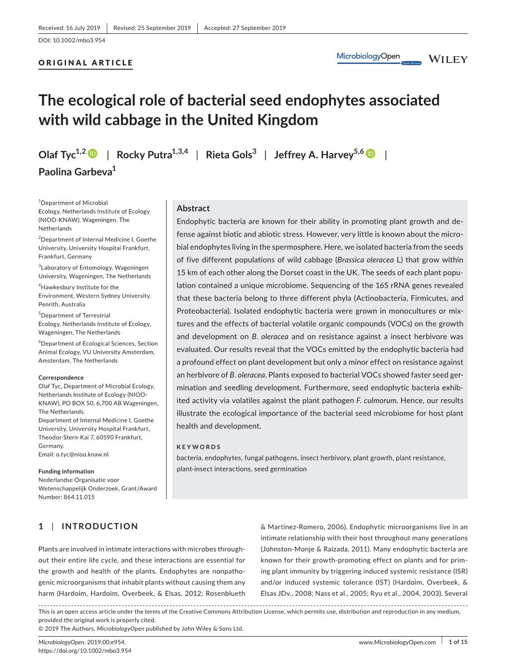 The Ecological Role of Bacterial Seed Endophytes Associated with Wild Cabbage in the United Kingdom