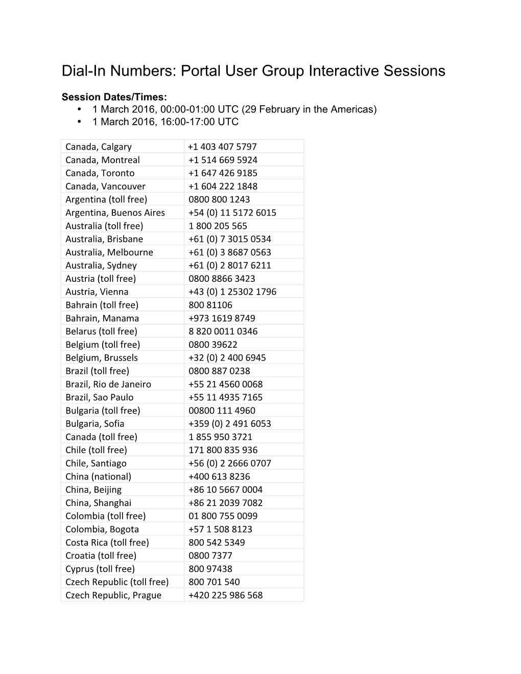 Dial-In Numbers: Portal User Group Interactive Sessions