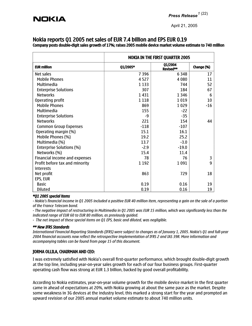 Nokia Reports Q1 2005 Net Sales of EUR 7.4 Billion and EPS EUR 0.19