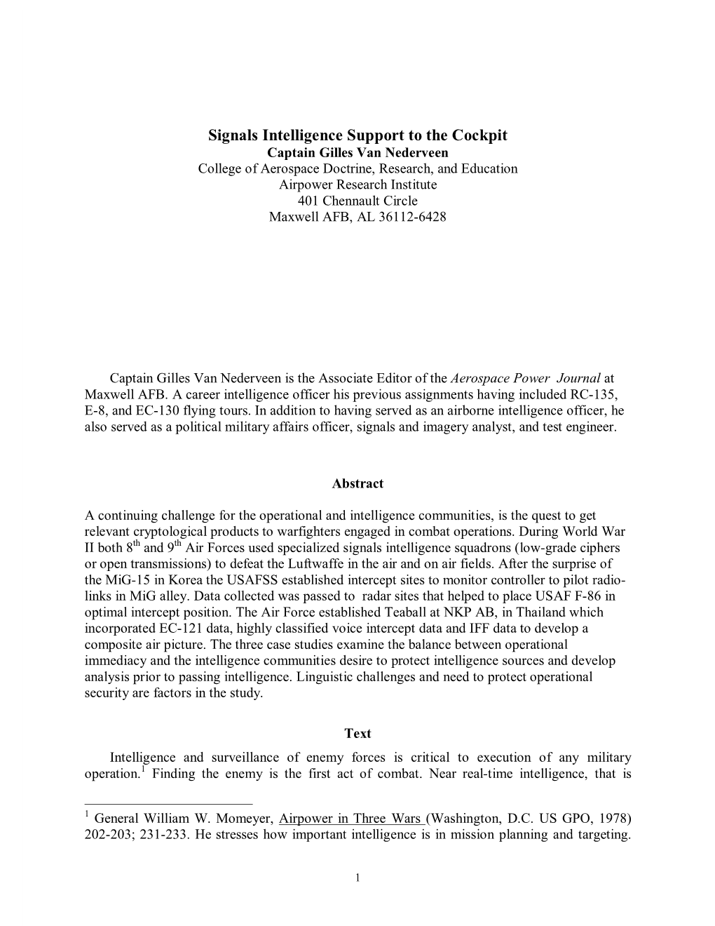 Signals Intelligence Support to the Cockpit