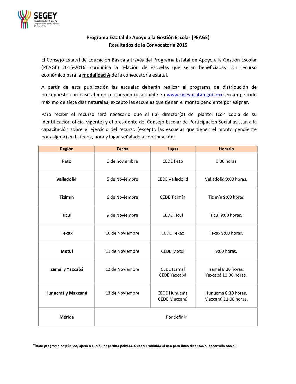 (PEAGE) Resultados De La Convocatoria 2015 El Consejo