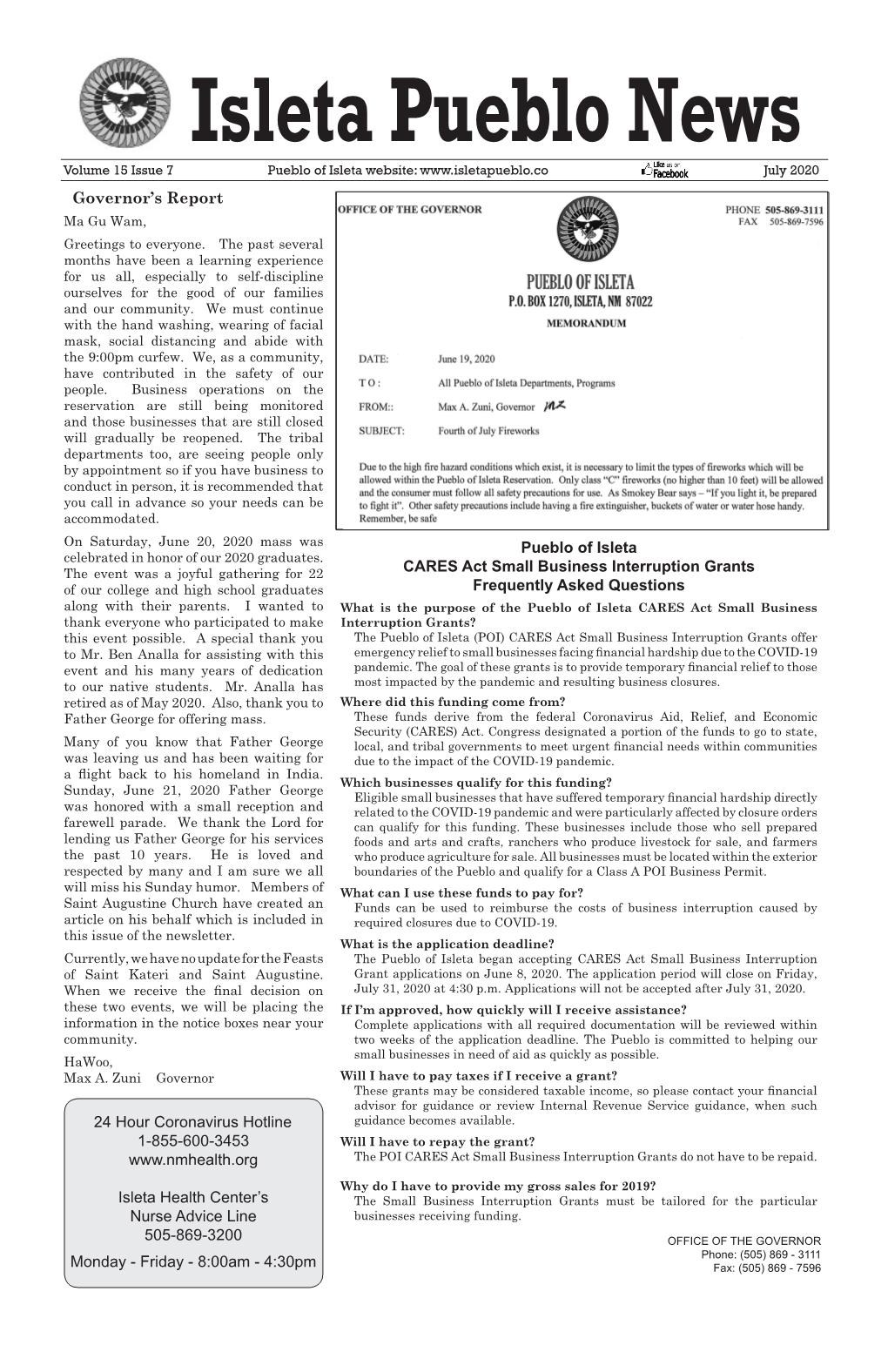 Governor's Report Pueblo of Isleta CARES Act Small Business Interruption Grants Frequently Asked Questions 24 Hour Coronavirus