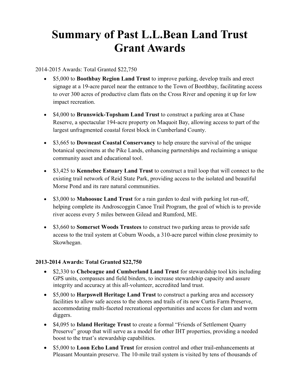 Summary of Past L.L.Bean Land Trust Grant Awards