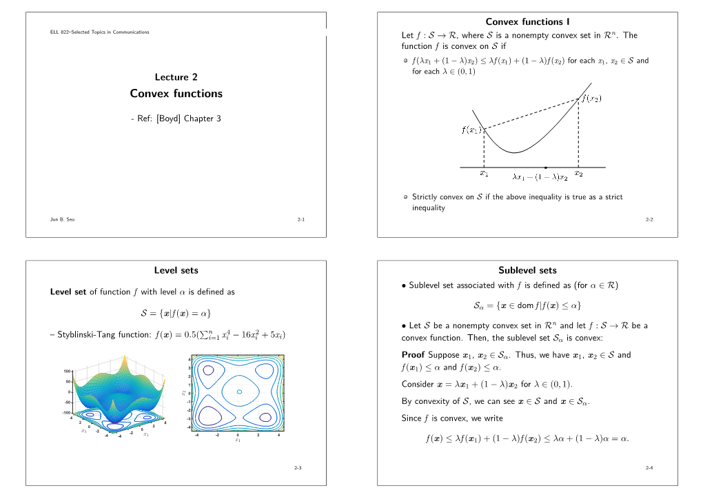 Convex Functions I ELL 822–Selected Topics in Communications Let F : S → R, Where S Is a Nonempty Convex Set in Rn