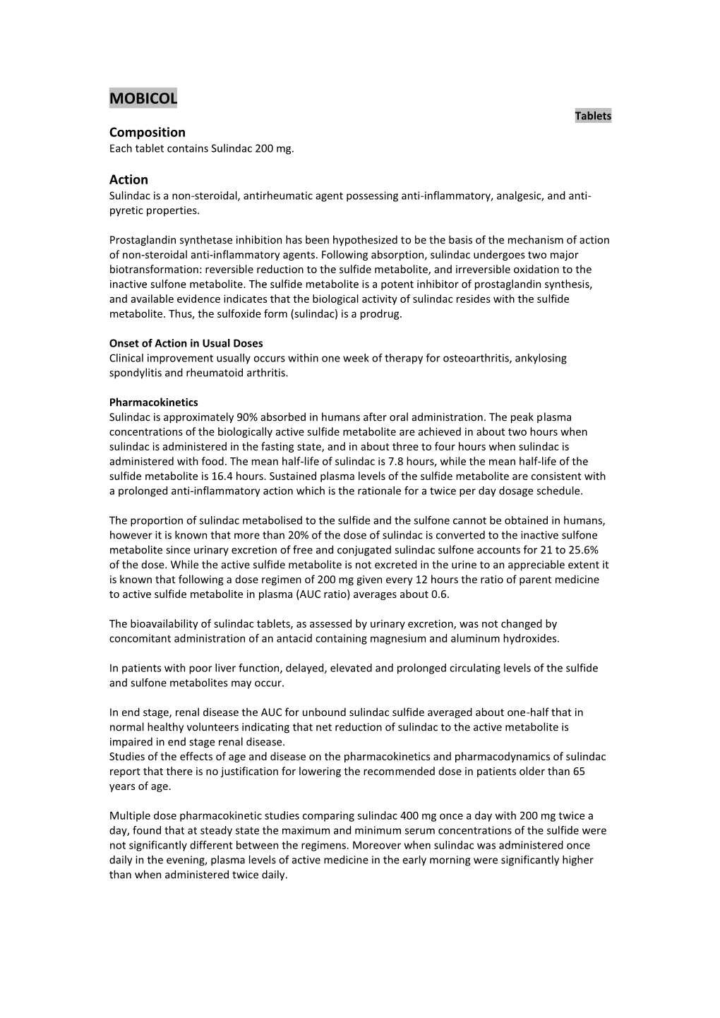 MOBICOL Tablets Composition Each Tablet Contains Sulindac 200 Mg