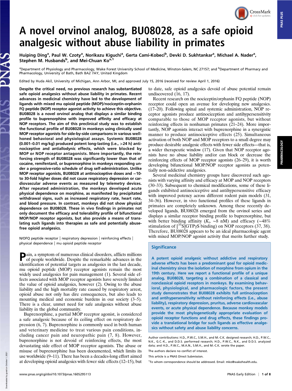 A Novel Orvinol Analog, BU08028, As a Safe Opioid Analgesic