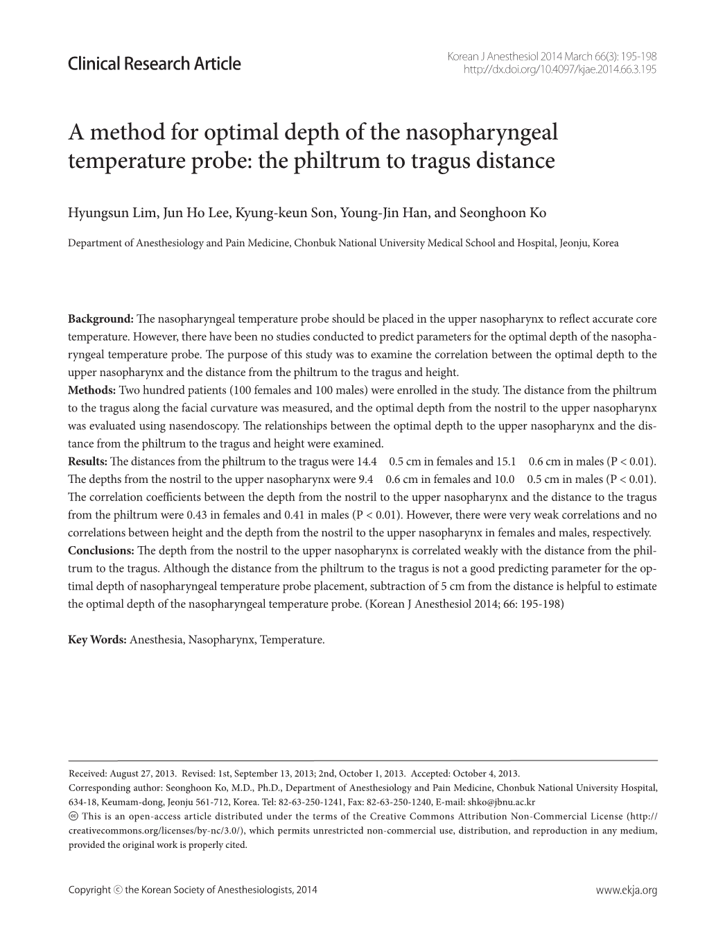 A Method for Optimal Depth of the Nasopharyngeal Temperature Probe: the Philtrum to Tragus Distance