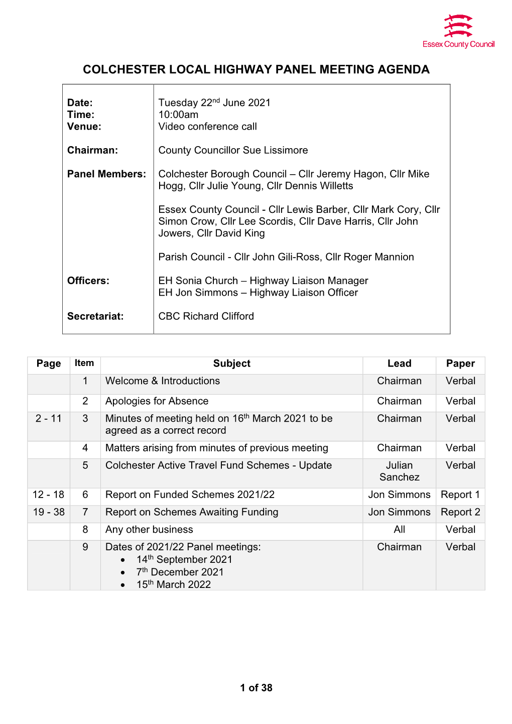 Colchester Local Highway Panel Meeting Agenda