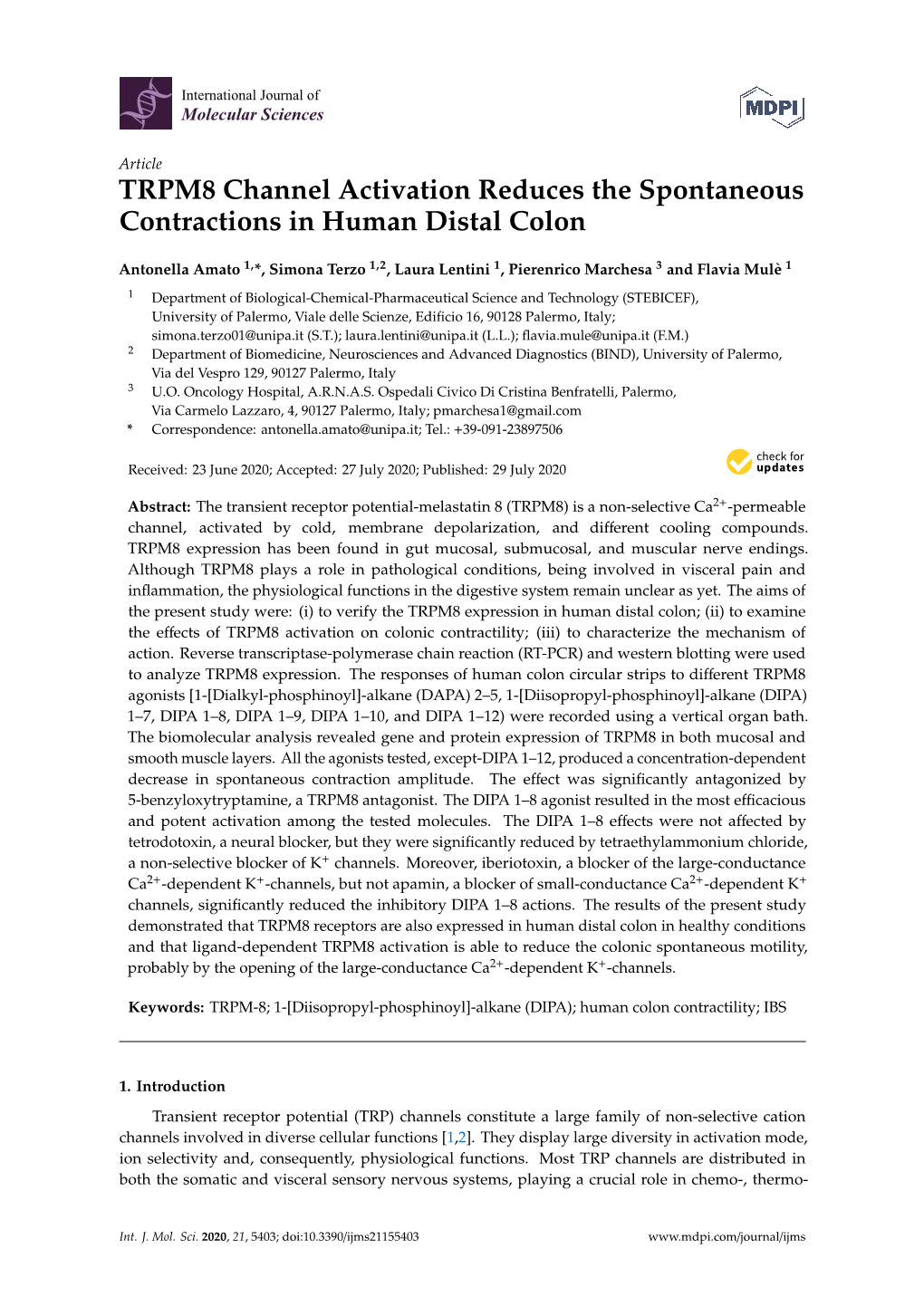 TRPM8 Channel Activation Reduces the Spontaneous Contractions in Human Distal Colon