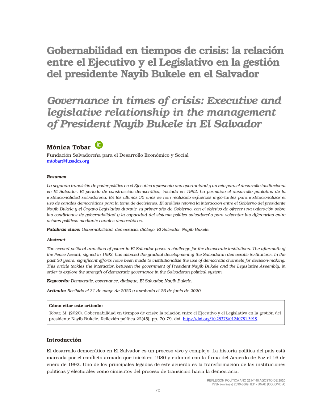 Gobernabilidad En Tiempos De Crisis: La Relación Entre El Ejecutivo Y El Legislativo En La Gestión Del Presidente Nayib Bukele En El Salvador