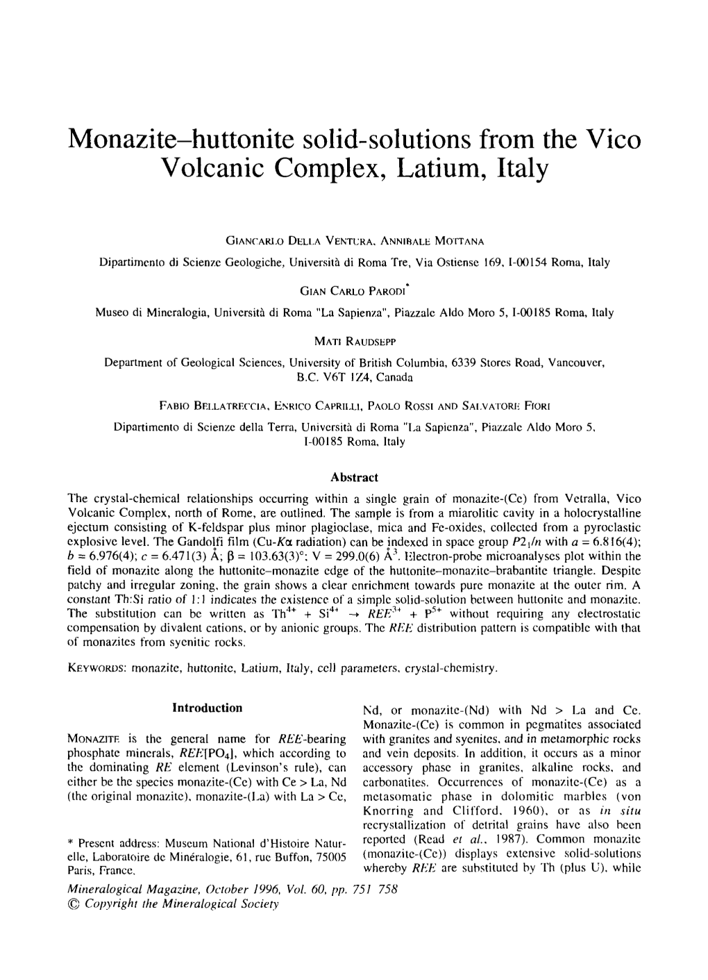 Monazite-Huttonite Solid-Solutions from the Vico Volcanic Complex, Latium, Italy