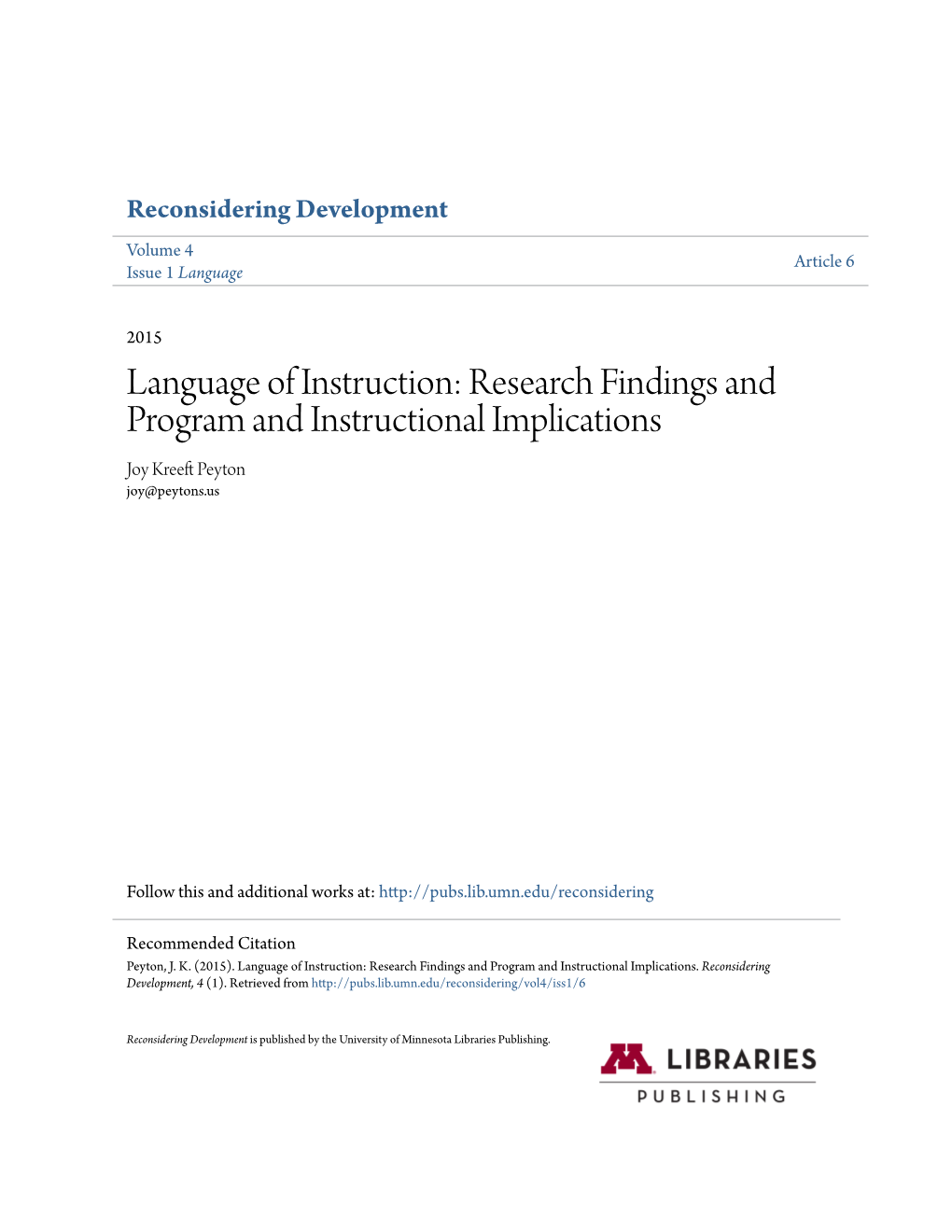 Language of Instruction: Research Findings and Program and Instructional Implications Joy Kreeft Ep Yton Joy@Peytons.Us