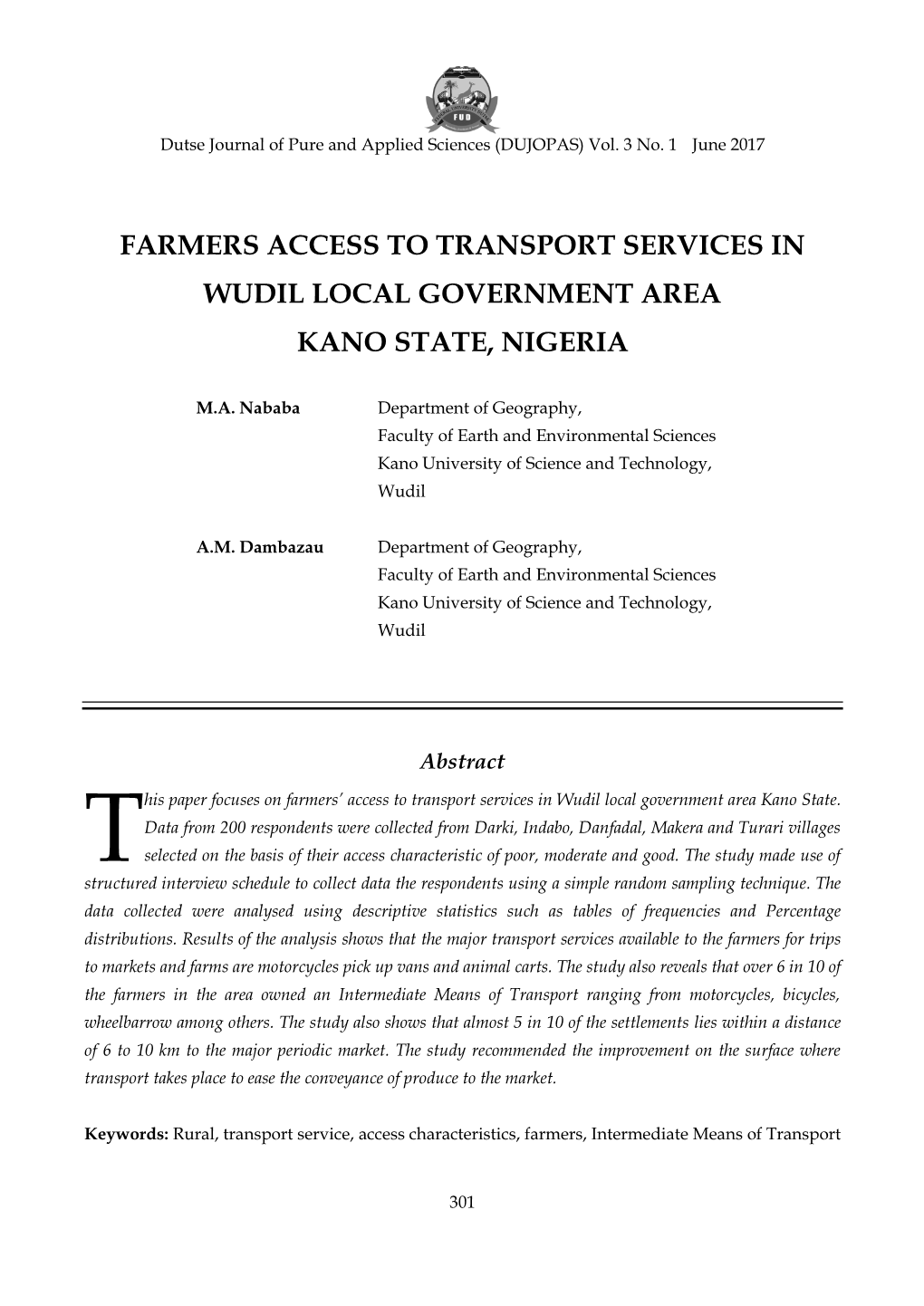 Farmers Access to Transport Services in Wudil Local Government Area Kano State Nigeria