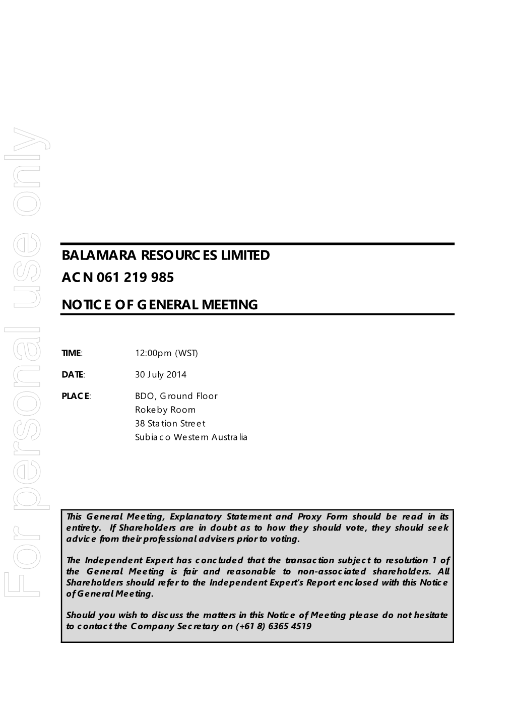 Balamara Resources Limited Acn 061 219 985 Notice of General Meeting