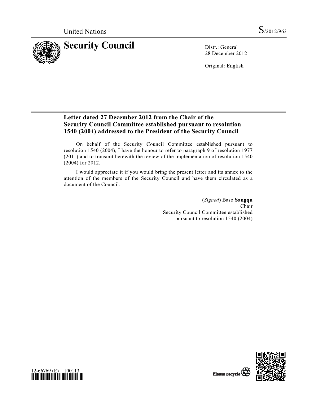 Security Council Distr.: General 28 December 2012