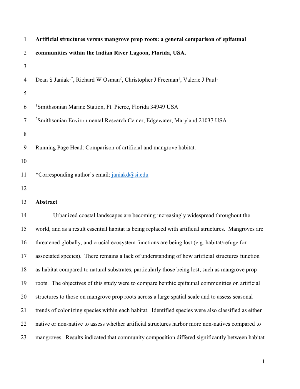 1 Artificial Structures Versus Mangrove Prop Roots: a General Comparison of Epifaunal