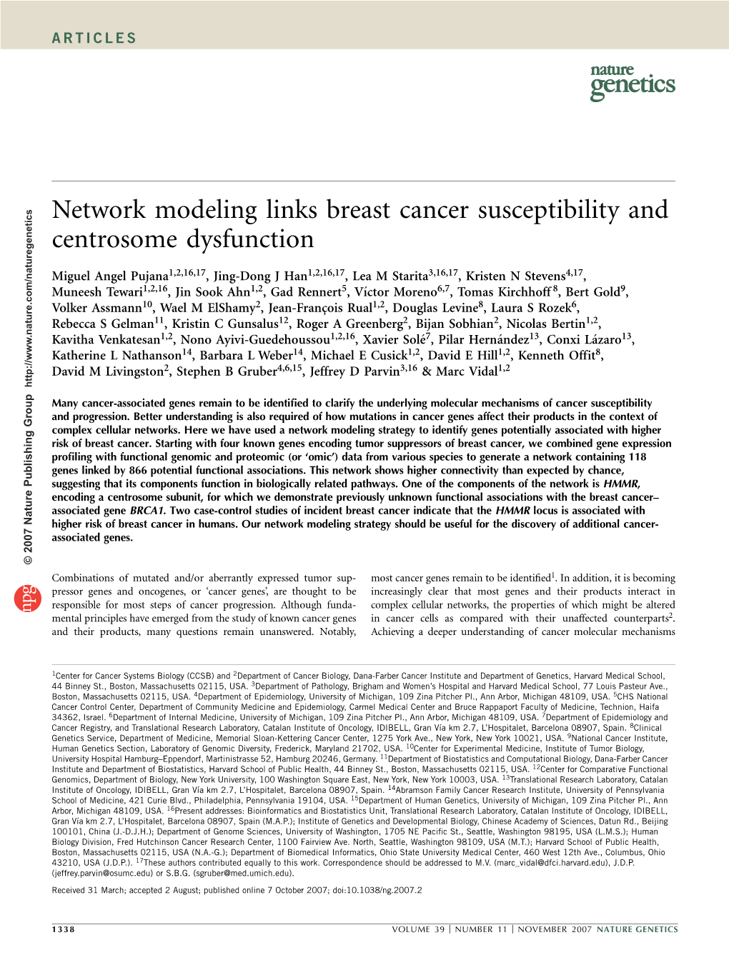Network Modeling Links Breast Cancer Susceptibility and Centrosome Dysfunction