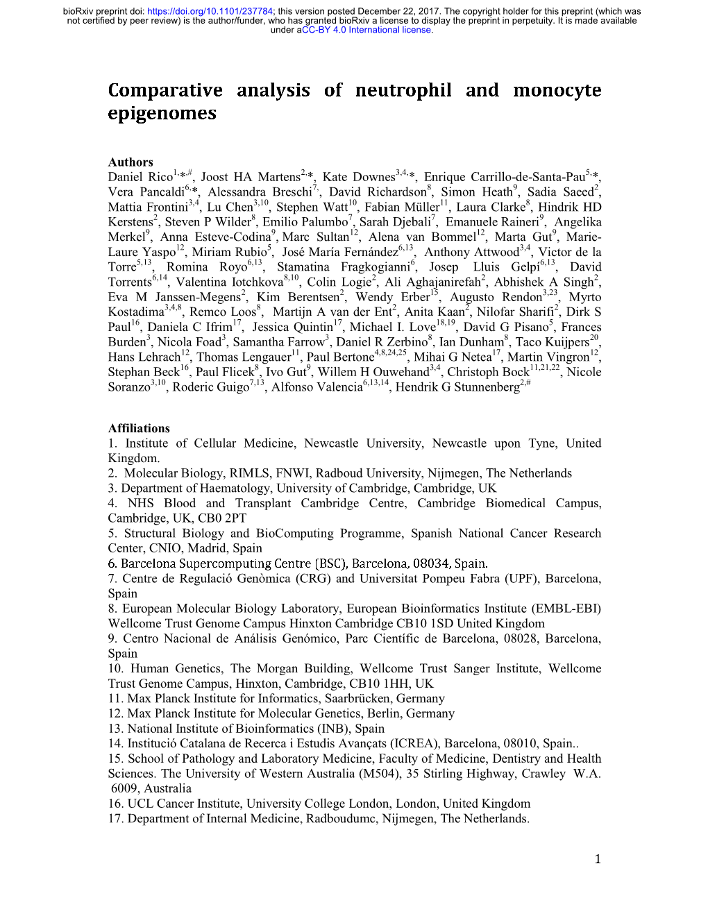 Comparative Analysis of Neutrophil and Monocyte Epigenomes